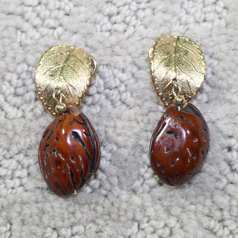 Vintage Napier Gold-tone Leaf & Brown Seed Drop Pit Earrings Signed